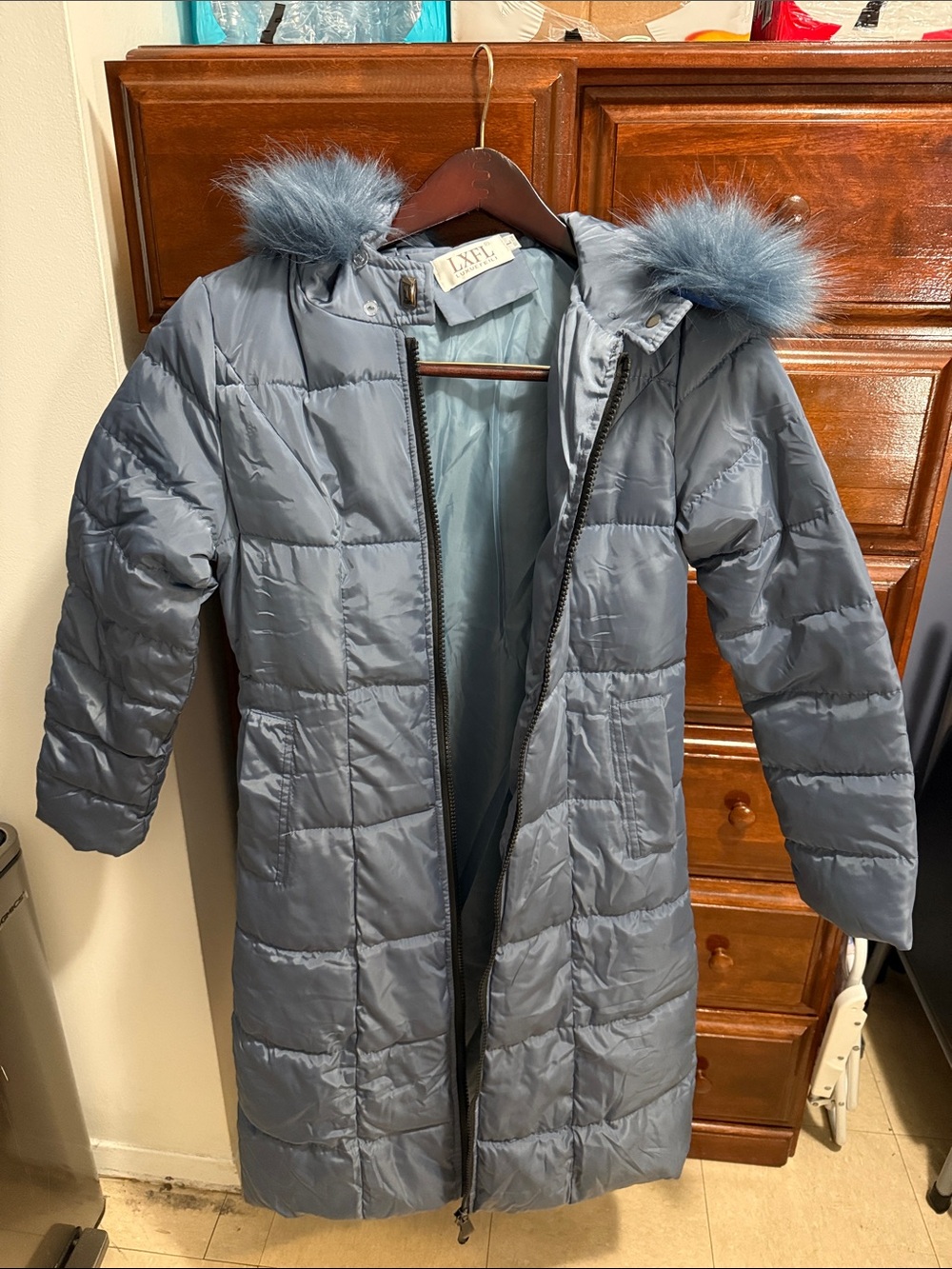 Girls or Women’s Long Puffer Coat with Faux Fur Hood - Dusty Blue